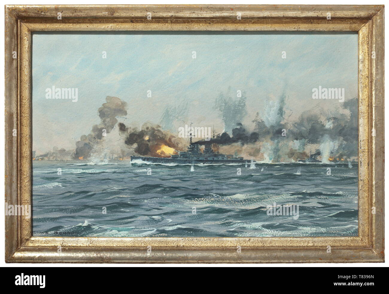 Claus Bergen (1885 - 1964) - Véhicules blindés Cruiser dans la bataille du Jutland Aquarelle Aquarelle sur carton. Signé en bas à gauche 'Claus Bergen". Tirant cuirassé allemand, dans l'arrière-plan les feux de l'ennemi et l'impact des projectiles sur la surface de l'eau. Dans un vieux châssis plaqué argent (peint), sous verre, étiquette de Munich à doreur de retour. Taille photo circa 34 x 54 cm, taille 41,5 x 60,5 cm environ. Frame légèrement endommagé, des signes de vieillissement. Claus Bergen a été un peintre de guerre de la flotte de haute mer allemande et composé de plusieurs peintures dans Additional-Rights Clearance-Info-actions émises et.,-Not-Available Banque D'Images