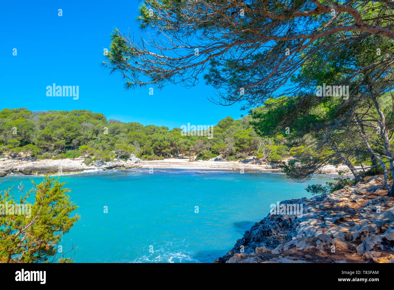 Voir Cala Turqueta beach à Minorque, Îles Baléares, Espagne Banque D'Images