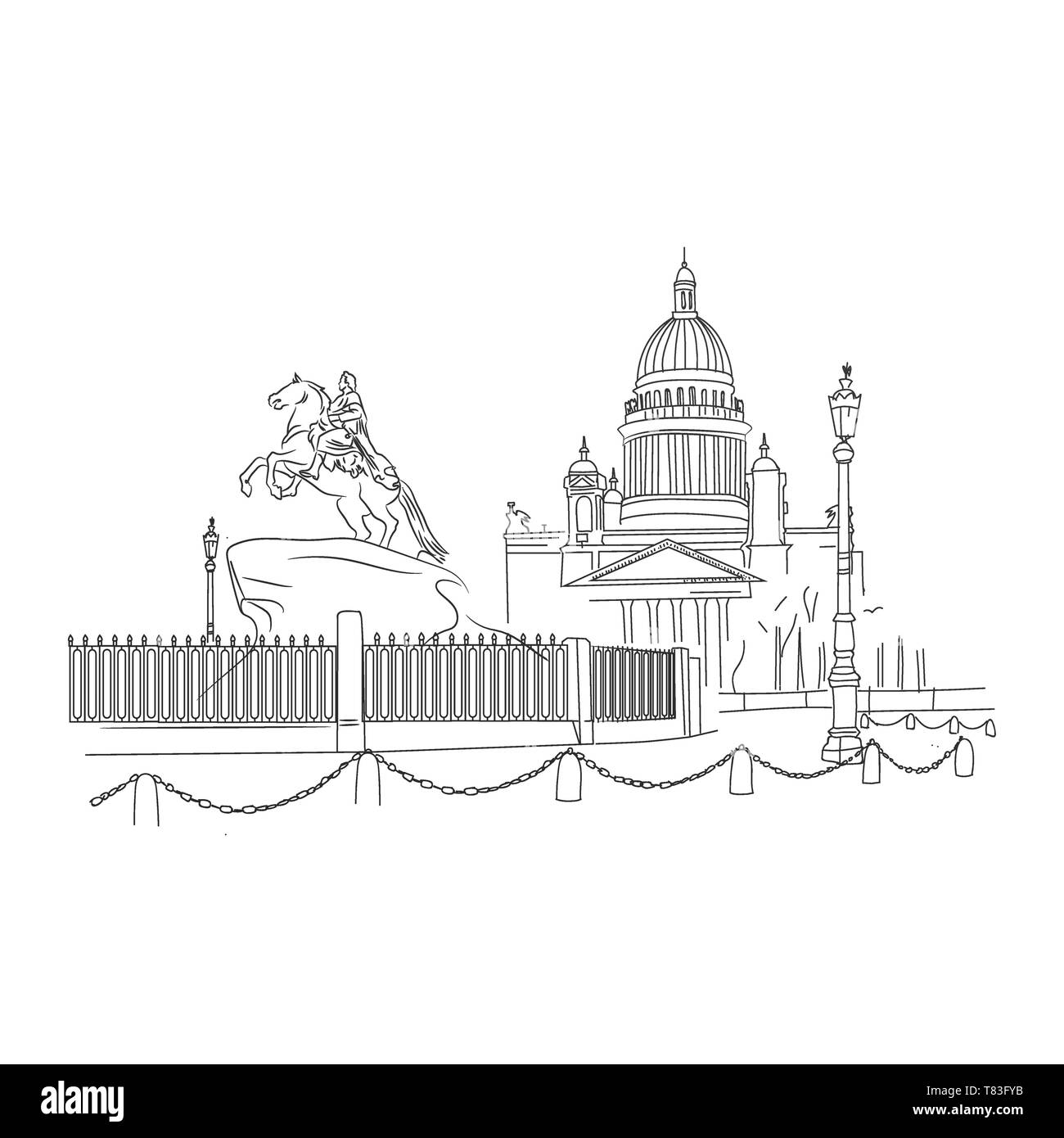 Saint-pétersbourg monuments architecturaux, les croquis, le dessin des lignes. Monument à Pierre le premier Illustration de Vecteur