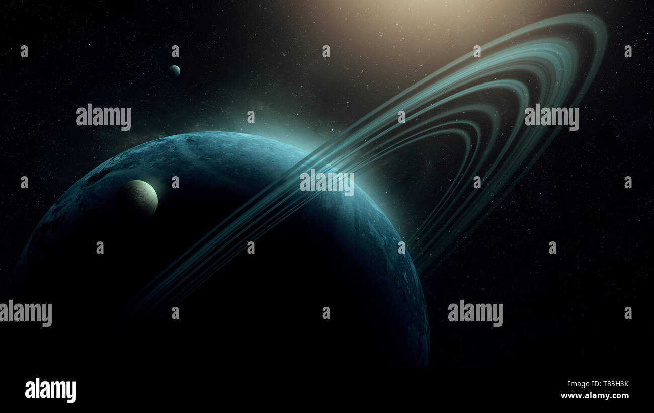 Planète uranus illustration numérique, planète avec des anneaux d'arrière-plan de l'espace Banque D'Images