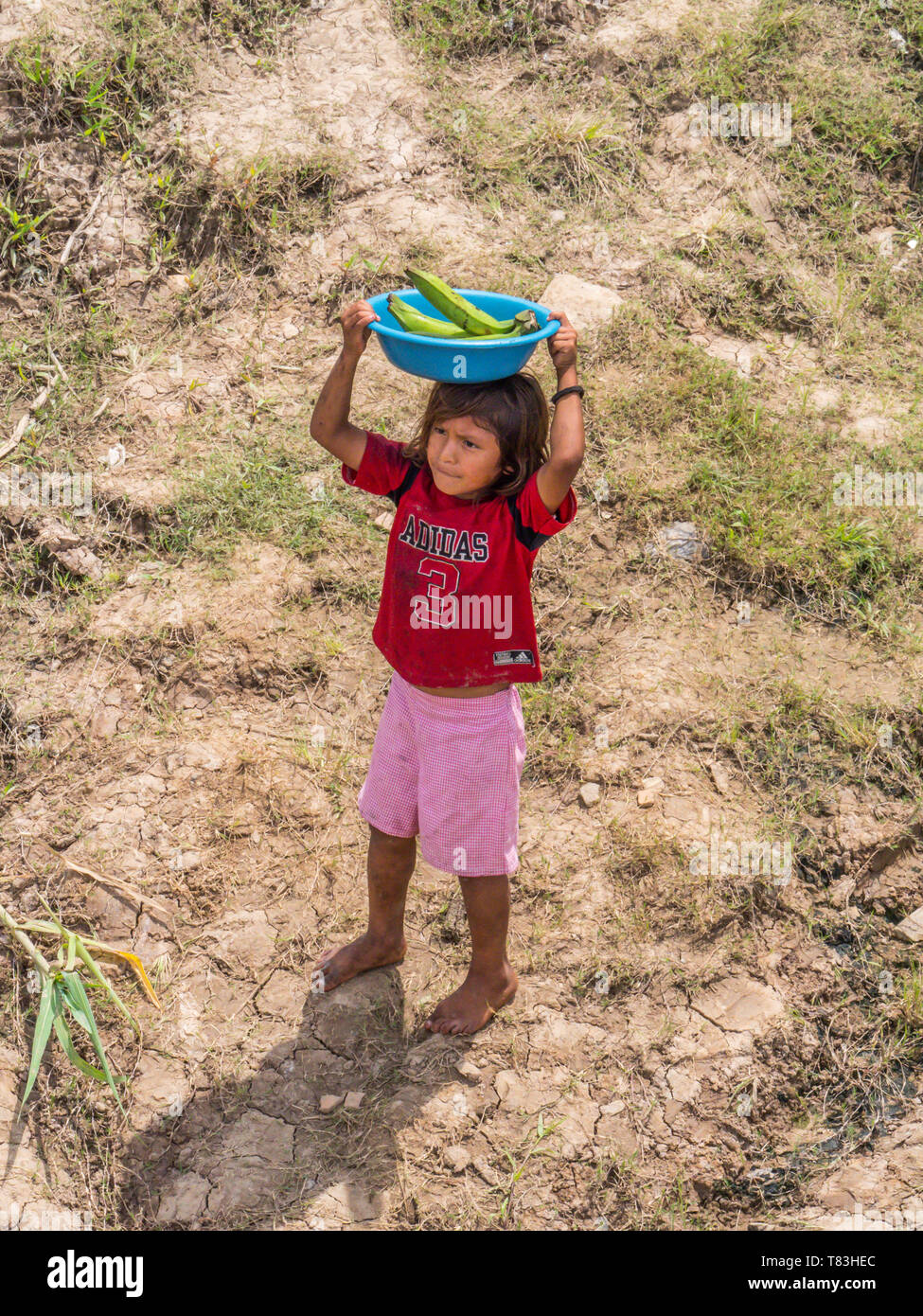 Petit village d'Amazone, au Pérou - Dec 03, 2018 : le travail des enfants.  Petite fille vendant des fruits sur la banque du fleuve Amazone Photo Stock  - Alamy