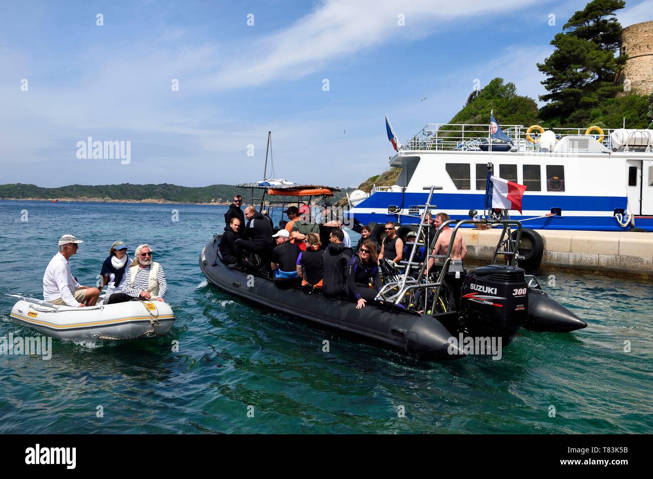 La France, Var, Iles d'Hyères, Parc National de Port Cros (parc national de Port Cros), l'île de Port Cros, le port Banque D'Images