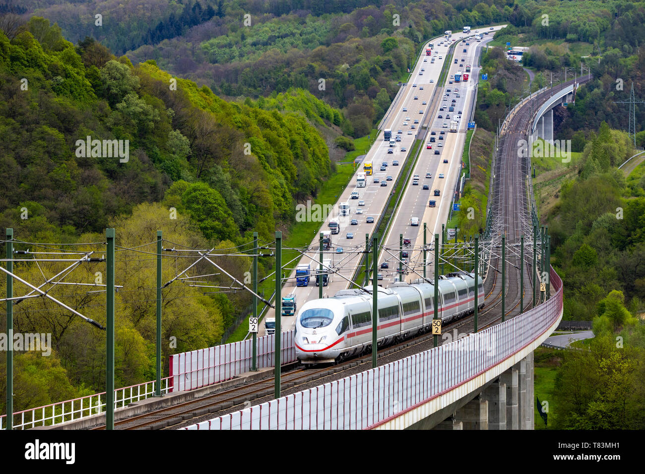 Le Hallerbachtalbrücke, pont de chemin de fer, à Neustadt, Wied, l'Allemagne, le long de l'autoroute A3, est un pont ferroviaire de la voie à grande vitesse ICE Banque D'Images