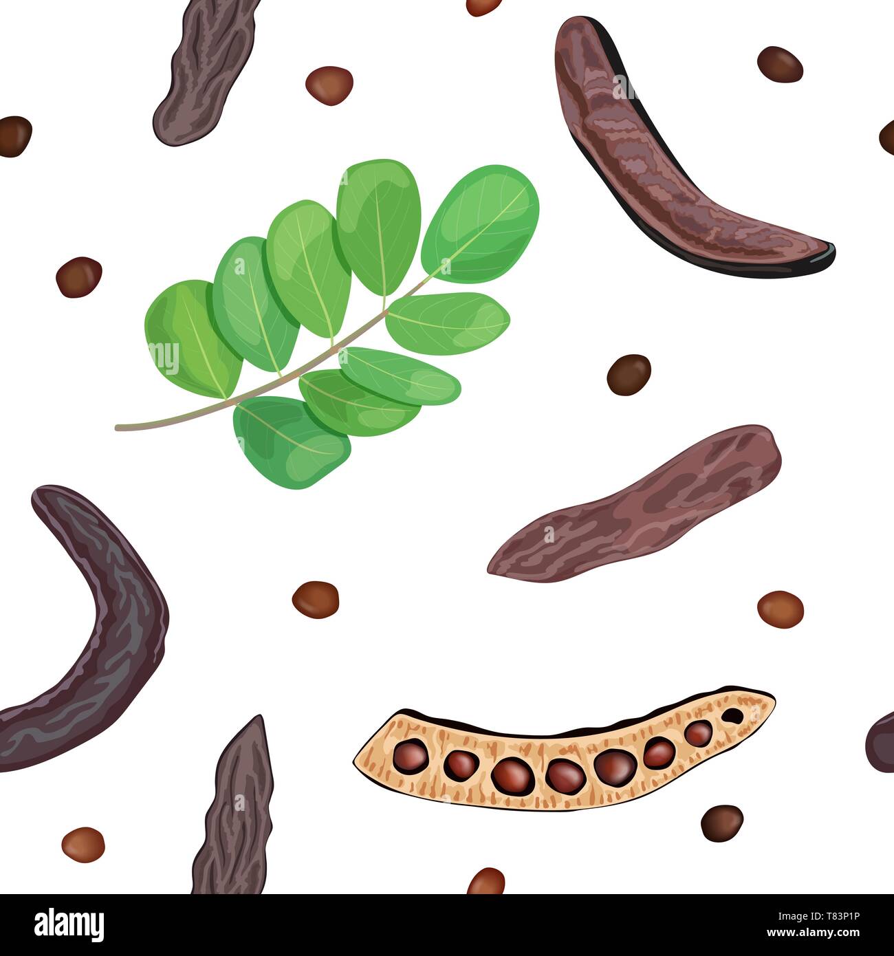 Caroube gousses mûres sucrées, feuilles, graines seamless vector pattern sur fond blanc pour la décoration, de l'alimentation. Illustration de Vecteur