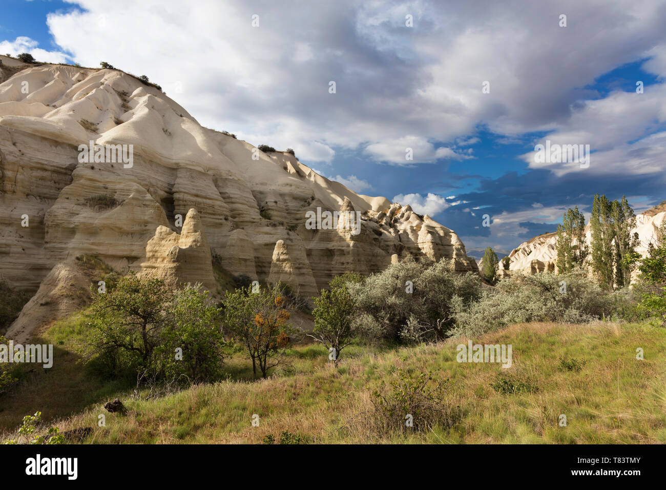 Des falaises de grès rouge et blanc, anciennes grottes dans un paysage de montagne entre les vallées de la Cappadoce, Turquie centrale Banque D'Images