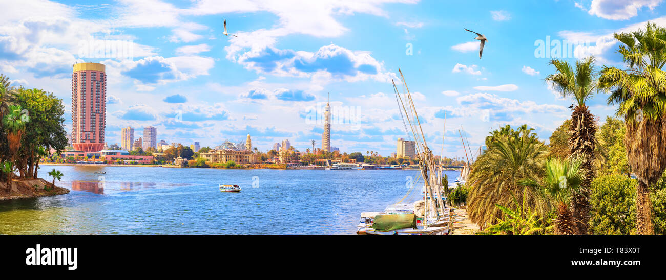 Vue panoramique sur le Nil et la Tour du Caire du port Banque D'Images