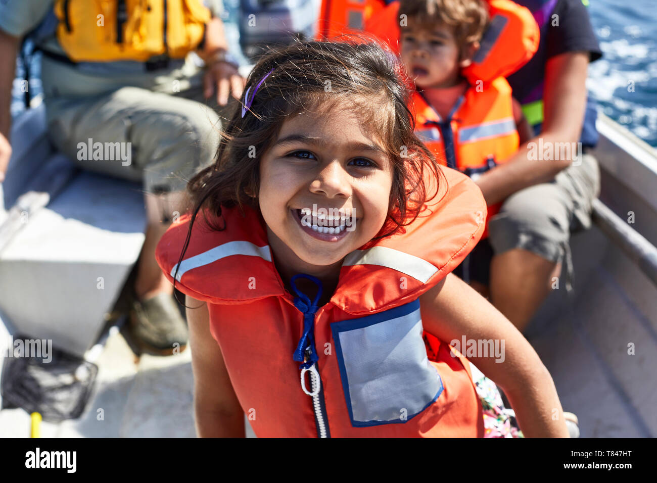 Famille de quatre sur bateau Banque D'Images