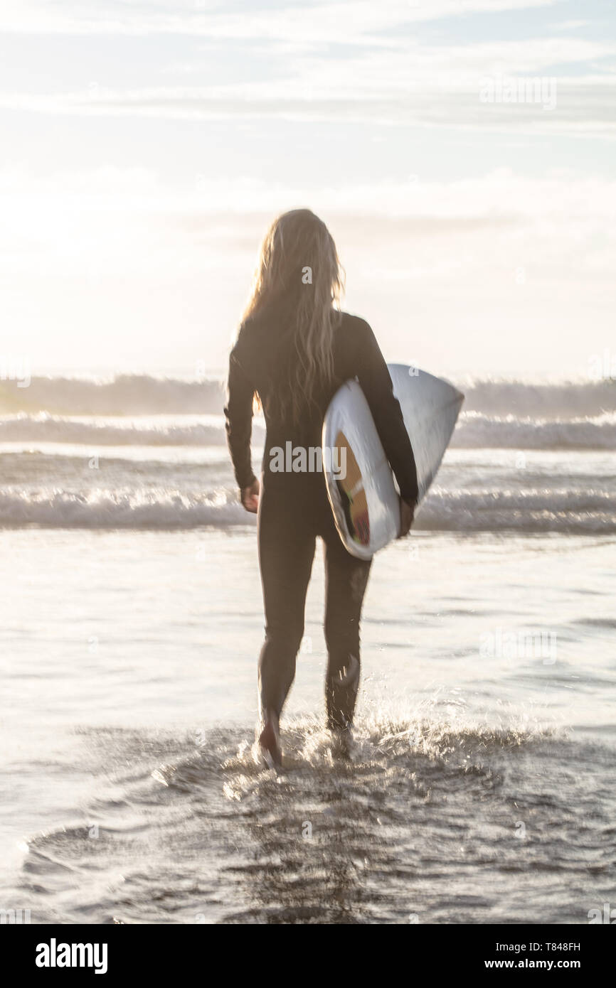 Femme surfer carrying surf en mer, Cape Town, Western Cape, Afrique du Sud Banque D'Images