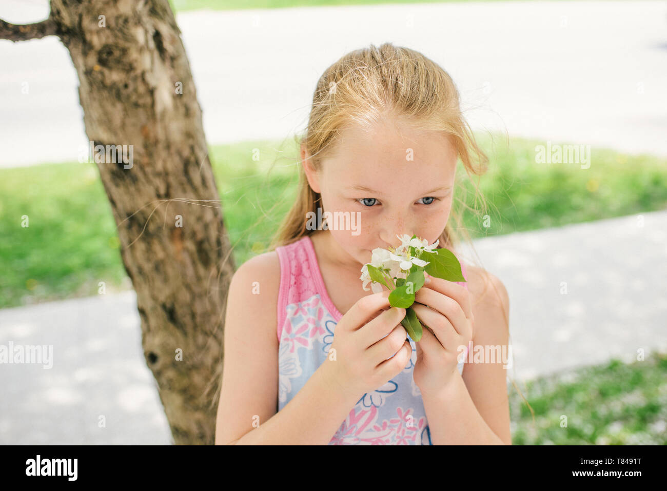Girl smelling blossom sur rue de banlieue Banque D'Images