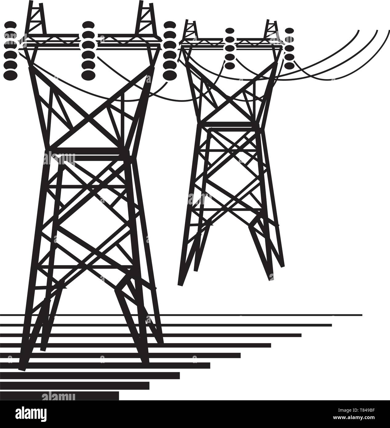 De l'électricité. Les tours de transmission de l'énergie électrique de ligne haute tension. Illustration de Vecteur