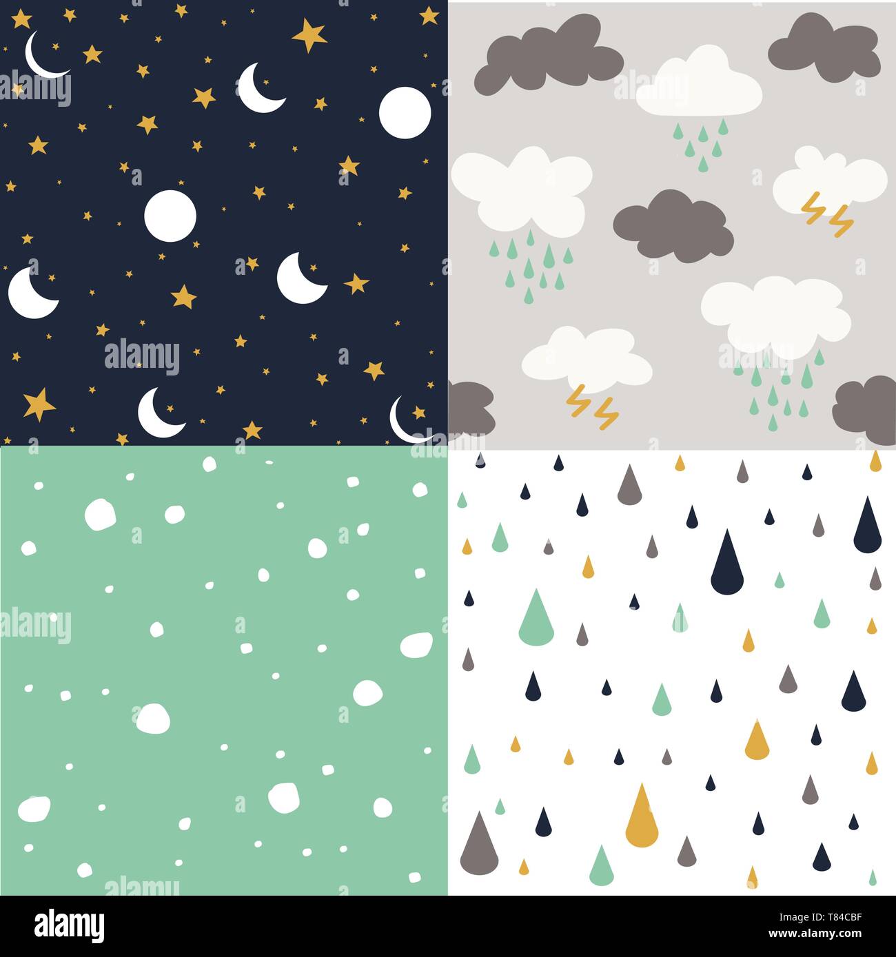 Vector illustration d'un motif de fond ensemble avec lune, étoile, pluie, flocons de neige et de nuages Illustration de Vecteur