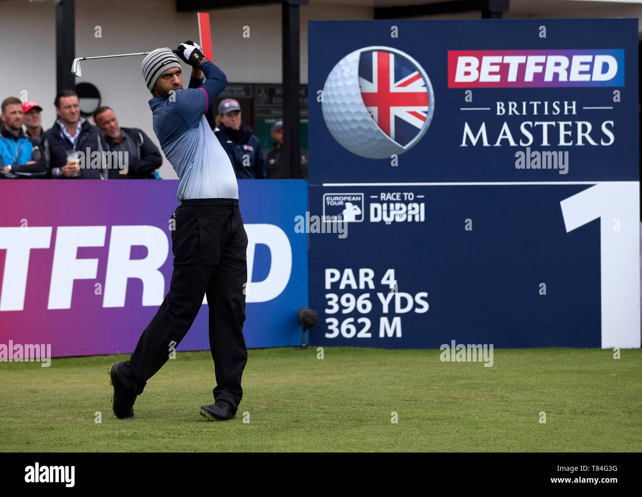 Hillside Golf Club, Southport, Royaume-Uni. 10 mai, 2019. Betfred British Masters, organisé par Tommy Fleetwood, jour 2 ; Aaron Rai (FRA) frappe un long fer de la première pièce en t : Action Crédit Plus Sport/Alamy Live News Banque D'Images