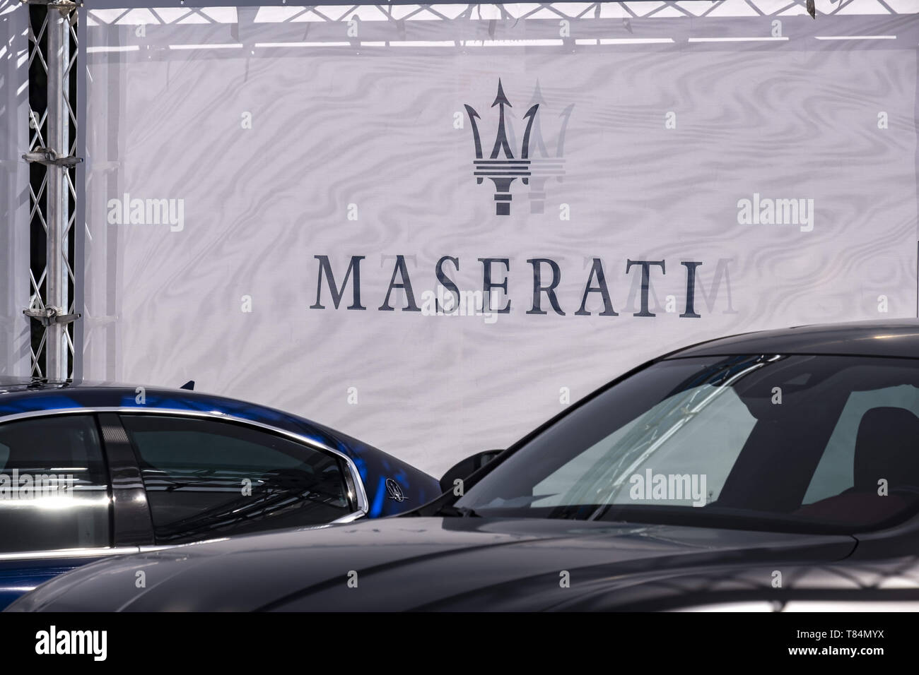 10 mai 2019 - Barcelone, Catalogne, Espagne - véhicules et le logo de la marque Maserati sont vus au cours de l'événement..L'Automobile Barcelona fête ses 100 ans. L'événement a lieu du 9 au 19 mai à l'MontjuÃ¯c fairgrounds. Avec plus de 150 000 mètres carrés et 45 marques, la juste montre les derniers modèles de véhicules, ainsi que les dernières technologies appliquées à la conduite. (Crédit Image : © Paco Freire/SOPA des images à l'aide de Zuma sur le fil) Banque D'Images