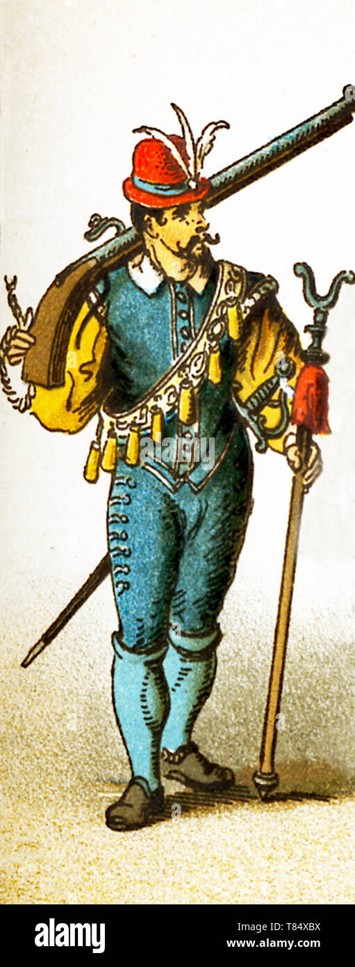 La figure représentée ici est une garde française entre 1550 et 1600 - Au cours du temps de Charles IX et Henri III. L'illustration dates à 1882. Banque D'Images