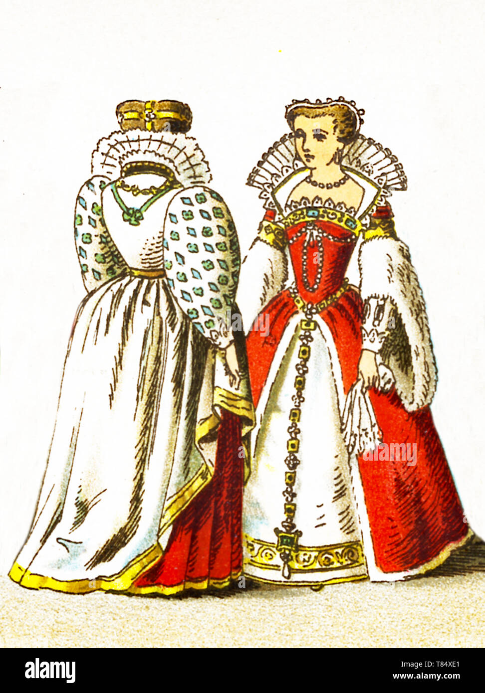 Les chiffres représentés ici sont les français entre 1550 et 1600. Ils sont, de gauche à droite : un tribunal costumes portés par une noble dame à l'époque et Louisa de Lorraine l'épouse de Henri III. L'illustration dates à 1882. Banque D'Images
