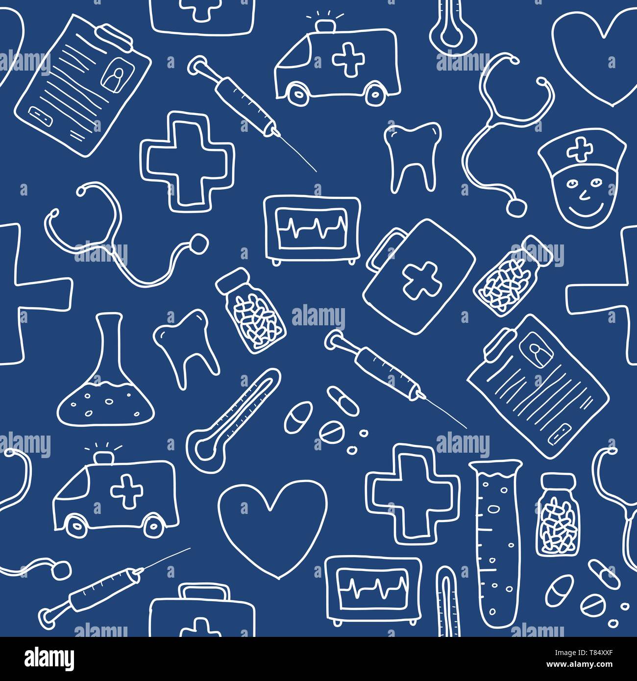 Modèle transparent avec des soins de santé, de médecine et de pharmacie d'icônes et de symboles. Antécédents médicaux doodle. Illustration de Vecteur