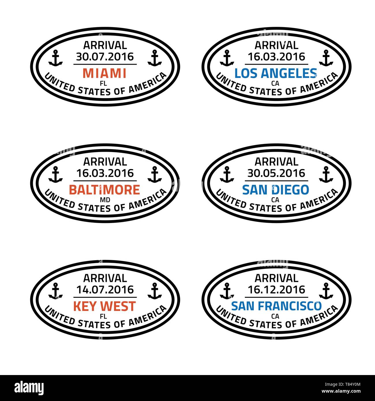 Timbres USA Voyages - destination de croisière sea ports : Miami, Los Angeles, Baltimore, San Diego, Key West et San Francisco. Illustration de Vecteur