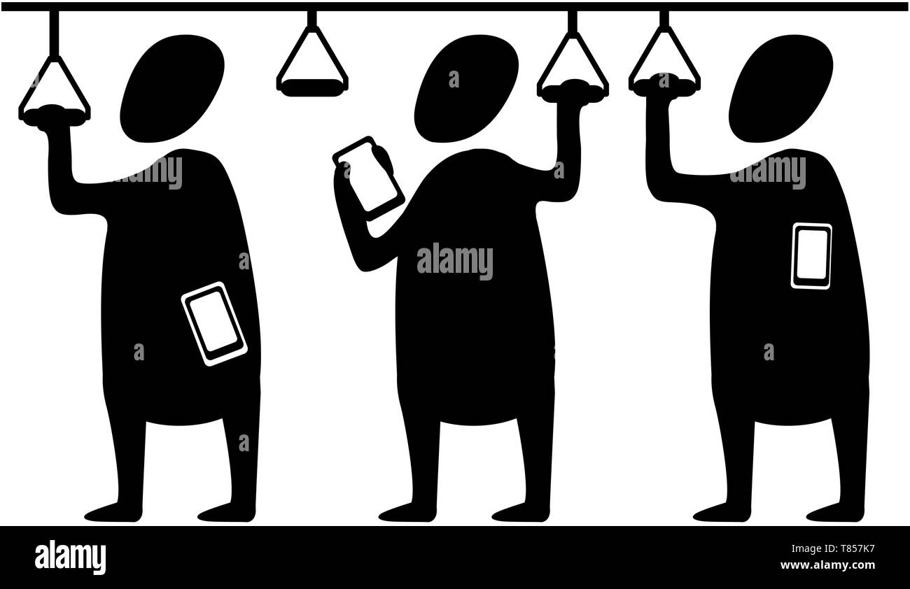 Passagers à l'intérieur de transports publics avec smart phone appareils gadget symbole noir, illustration vectorielle, horizontal, isolé Illustration de Vecteur