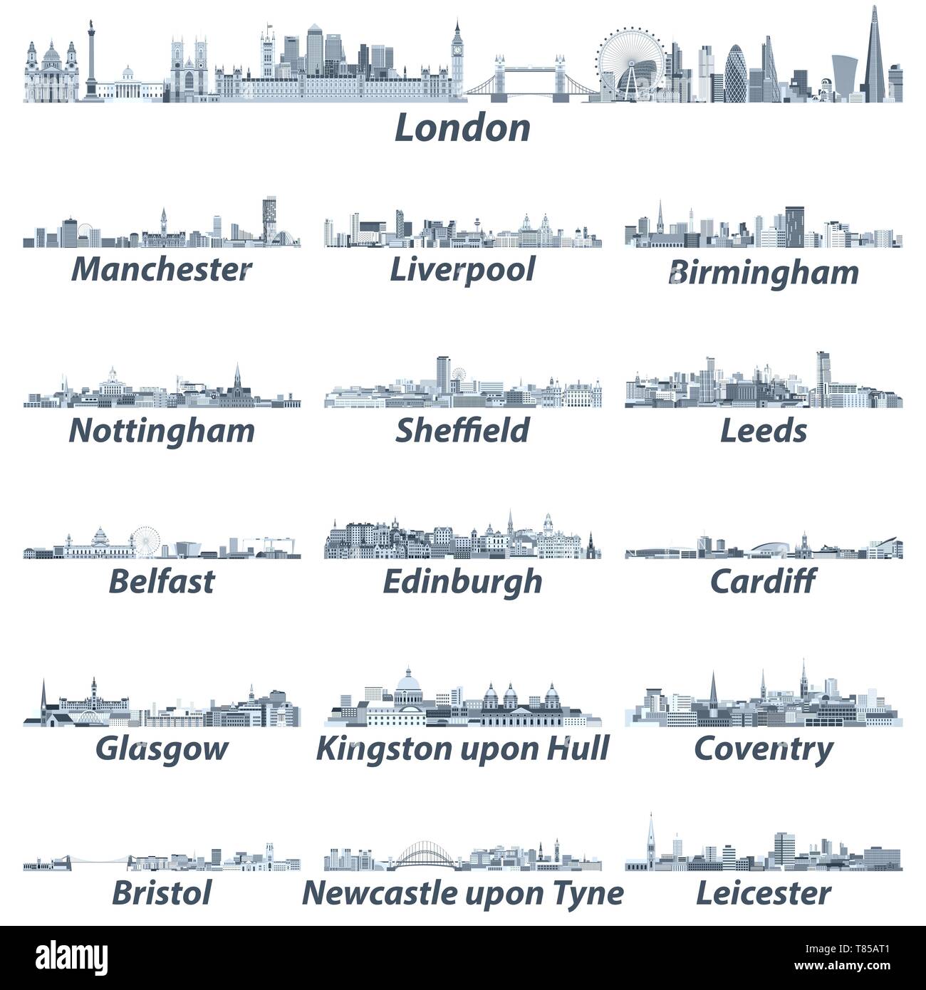 Royaume-uni plus grandes villes skylines vector set Illustration de Vecteur