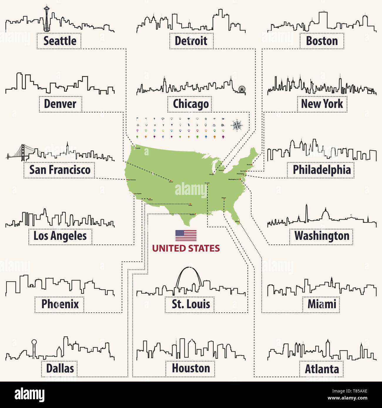 Carte vectorielle des États-Unis d'Amérique avec l'horizon des plus grandes villes Illustration de Vecteur