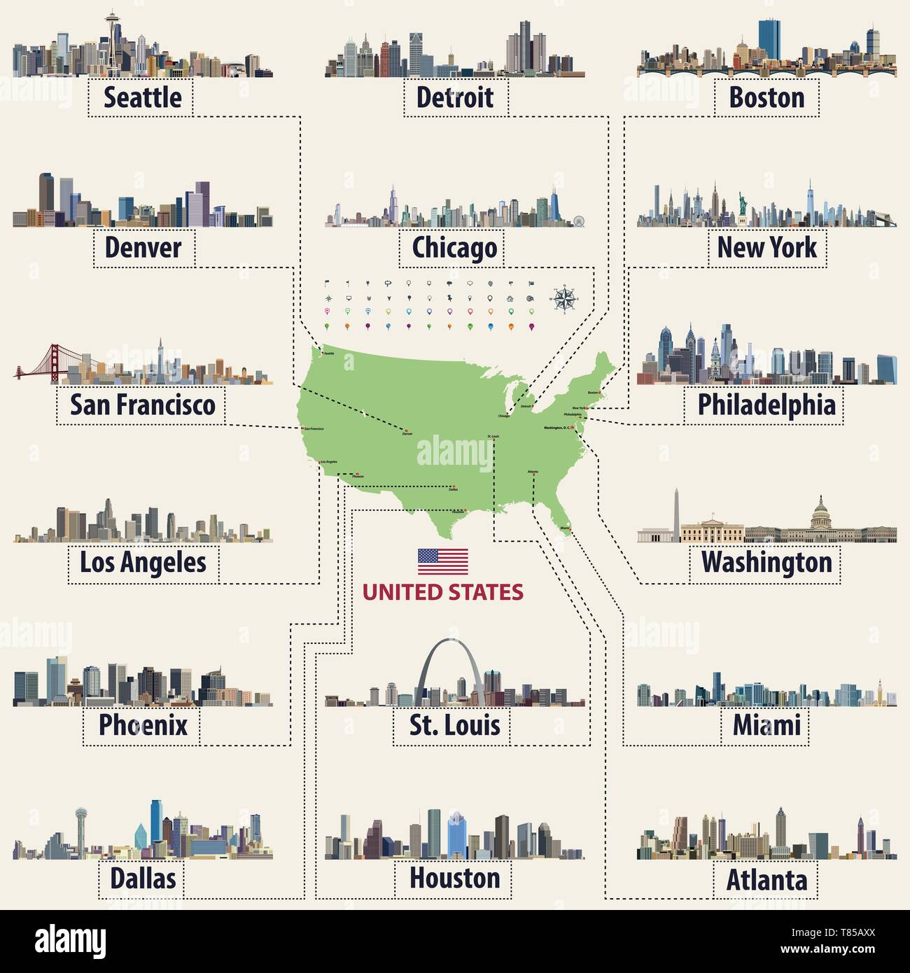 Carte vectorielle des États-Unis d'Amérique avec l'horizon des plus grandes villes Illustration de Vecteur
