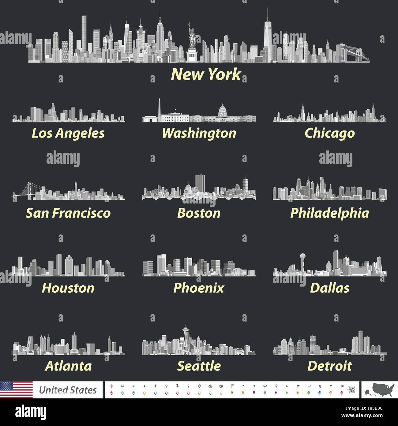 Vector illustration d'un horizon plus grandes villes des États-Unis Illustration de Vecteur