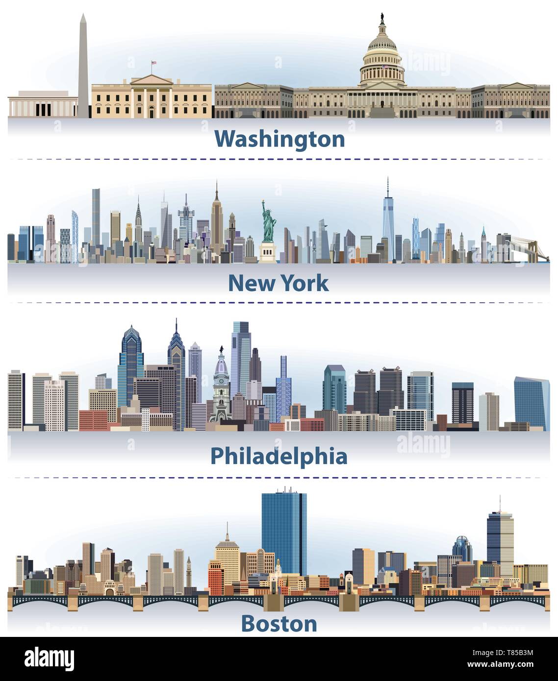 Washington, New York, Philadelphie et Boston villes skylines Illustration de Vecteur