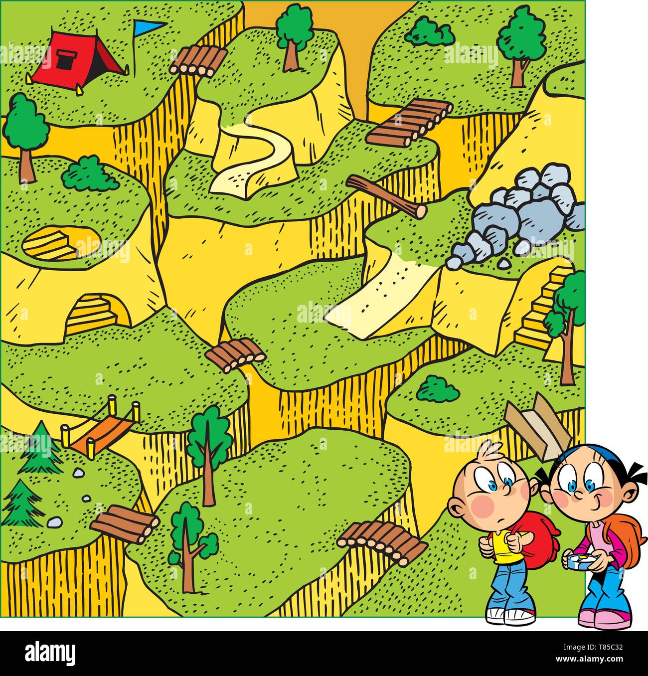 Dans le vector illustration puzzle avec les enfants qui sont la randonnée. La tâche est de passer par un labyrinthe et d'aider les enfants à trouver une tente tourisme Illustration de Vecteur