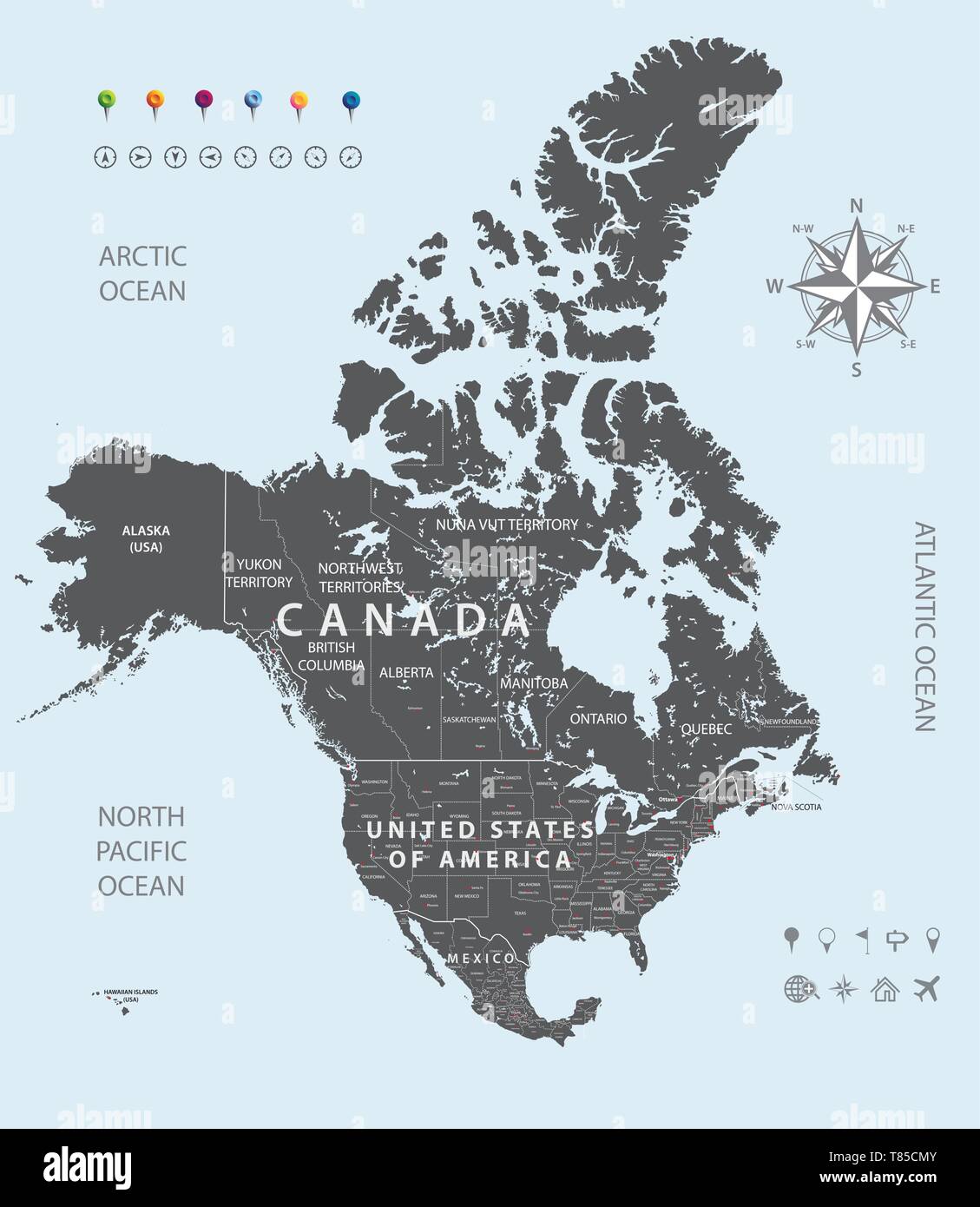 Carte vectorielle du Canada, États-Unis et Mexique avec les États frontières et capital cities Illustration de Vecteur