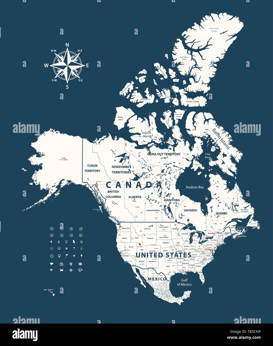 Carte vectorielle du Canada, États-Unis et Mexique avec les États frontières et capital cities Illustration de Vecteur