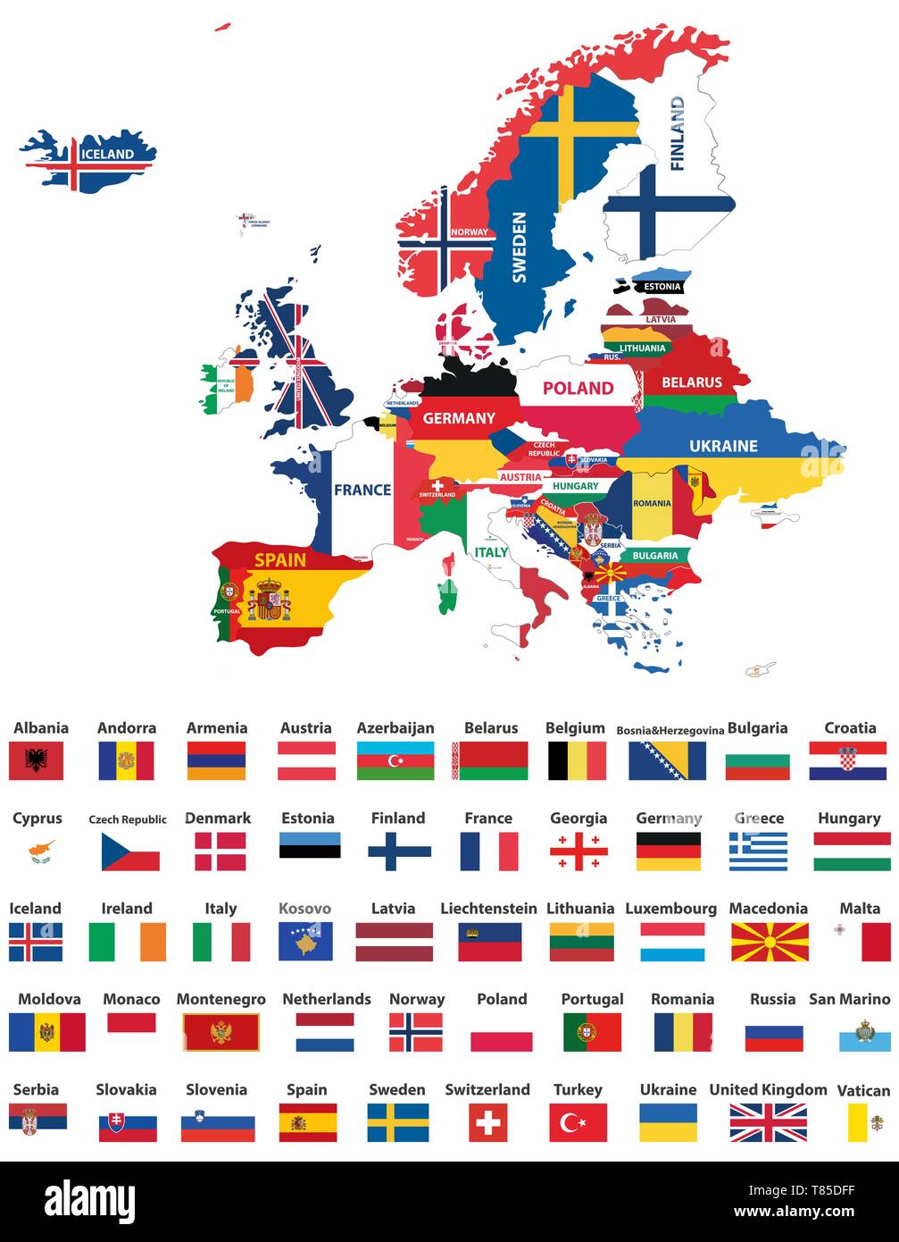 Vecteur de l'Europe carte détaillée haut mélangé avec les drapeaux nationaux Illustration de Vecteur