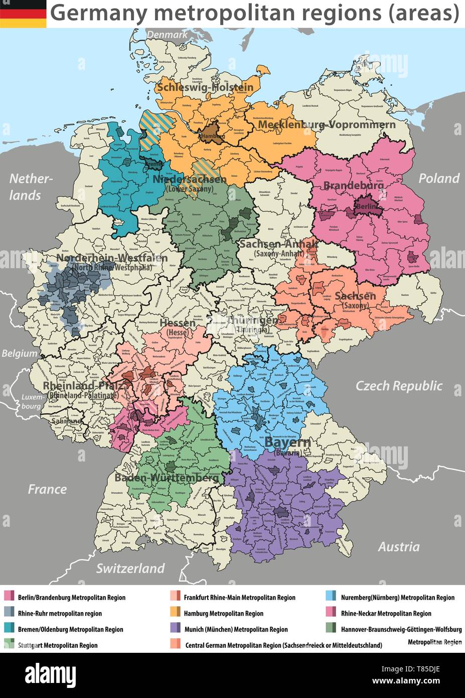 Haut de vecteur carte détaillée des régions métropolitaines (Allemagne) Illustration de Vecteur