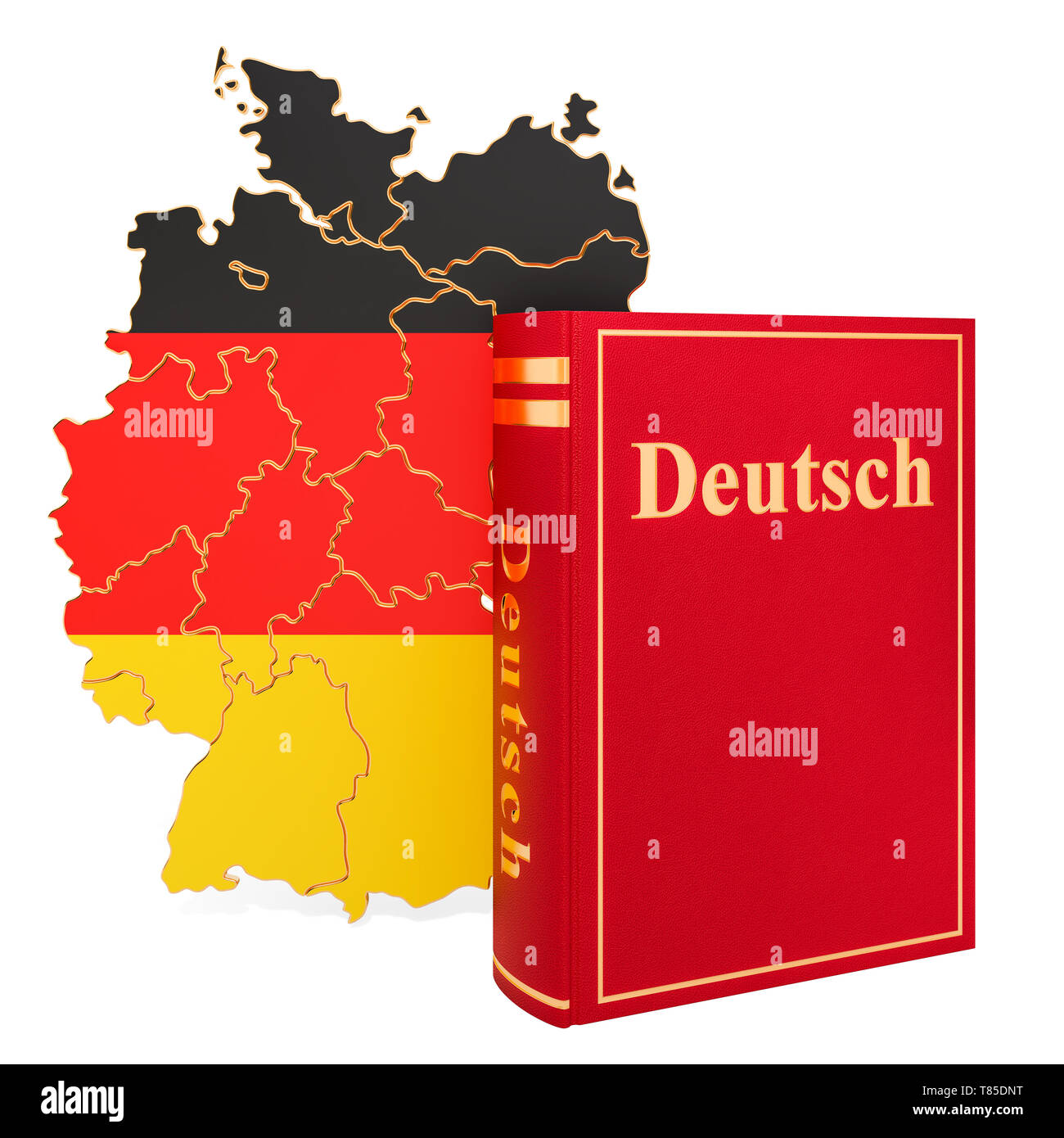 Langue Deutsch livre avec la carte de l'Allemagne, 3D Rendering isolé sur fond blanc Banque D'Images