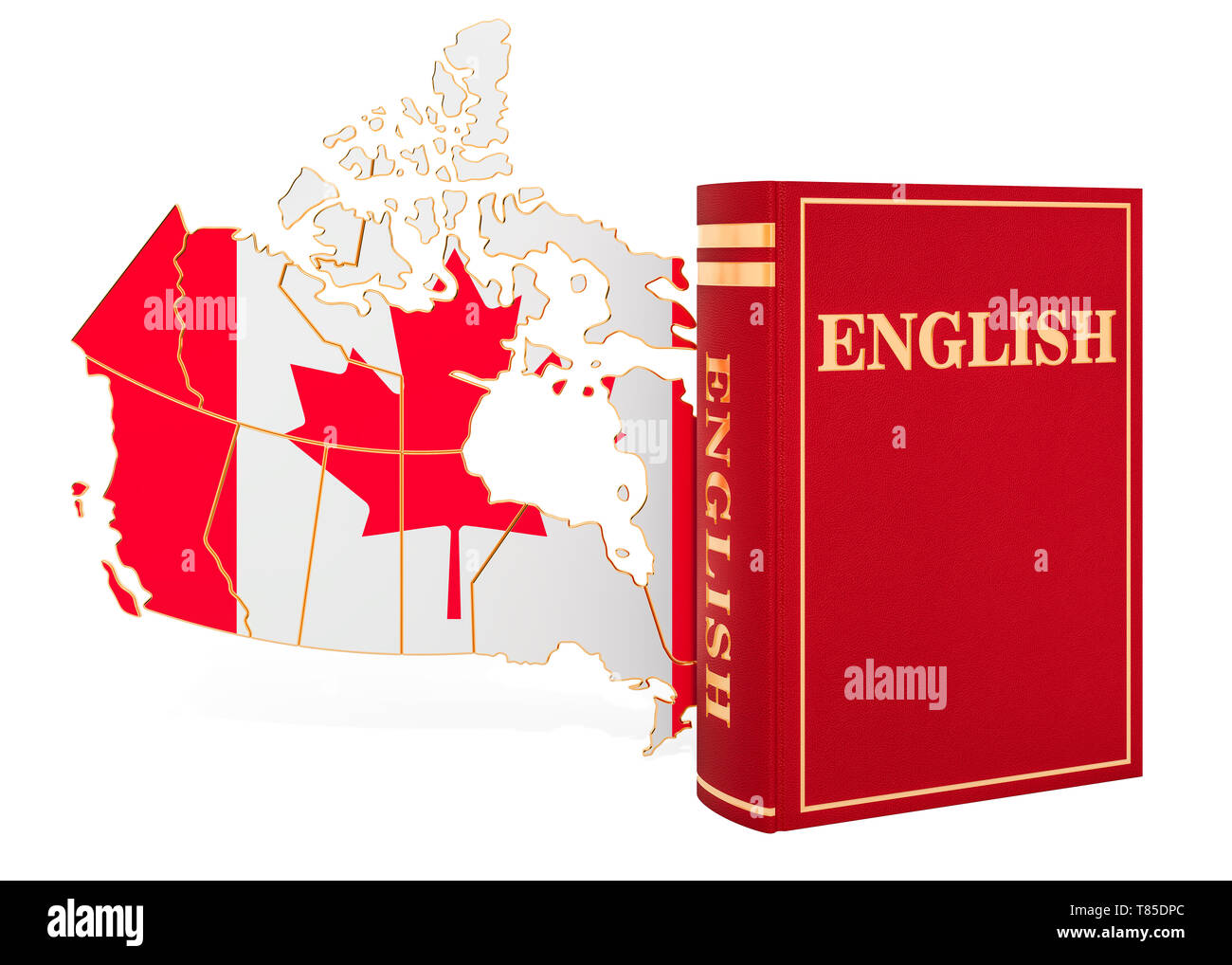 Livre en langue anglaise avec carte du Canada, rendu 3D isolé sur fond blanc Banque D'Images