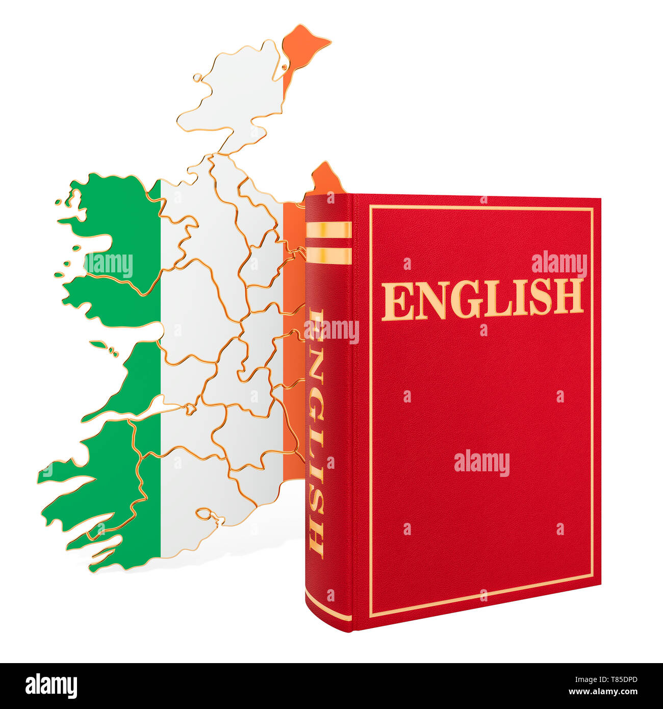 Livre en langue anglaise avec la carte de l'Irlande, 3D Rendering isolé sur fond blanc Banque D'Images