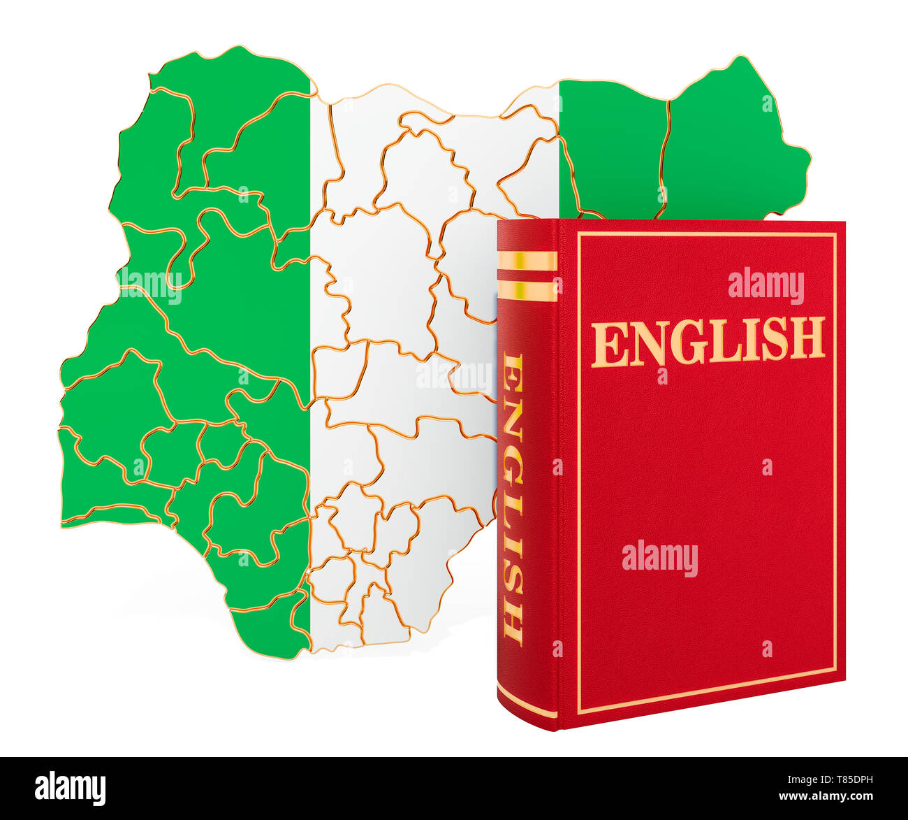 Livre en langue anglaise avec carte de Nigeria, rendu 3D isolé sur fond blanc Banque D'Images
