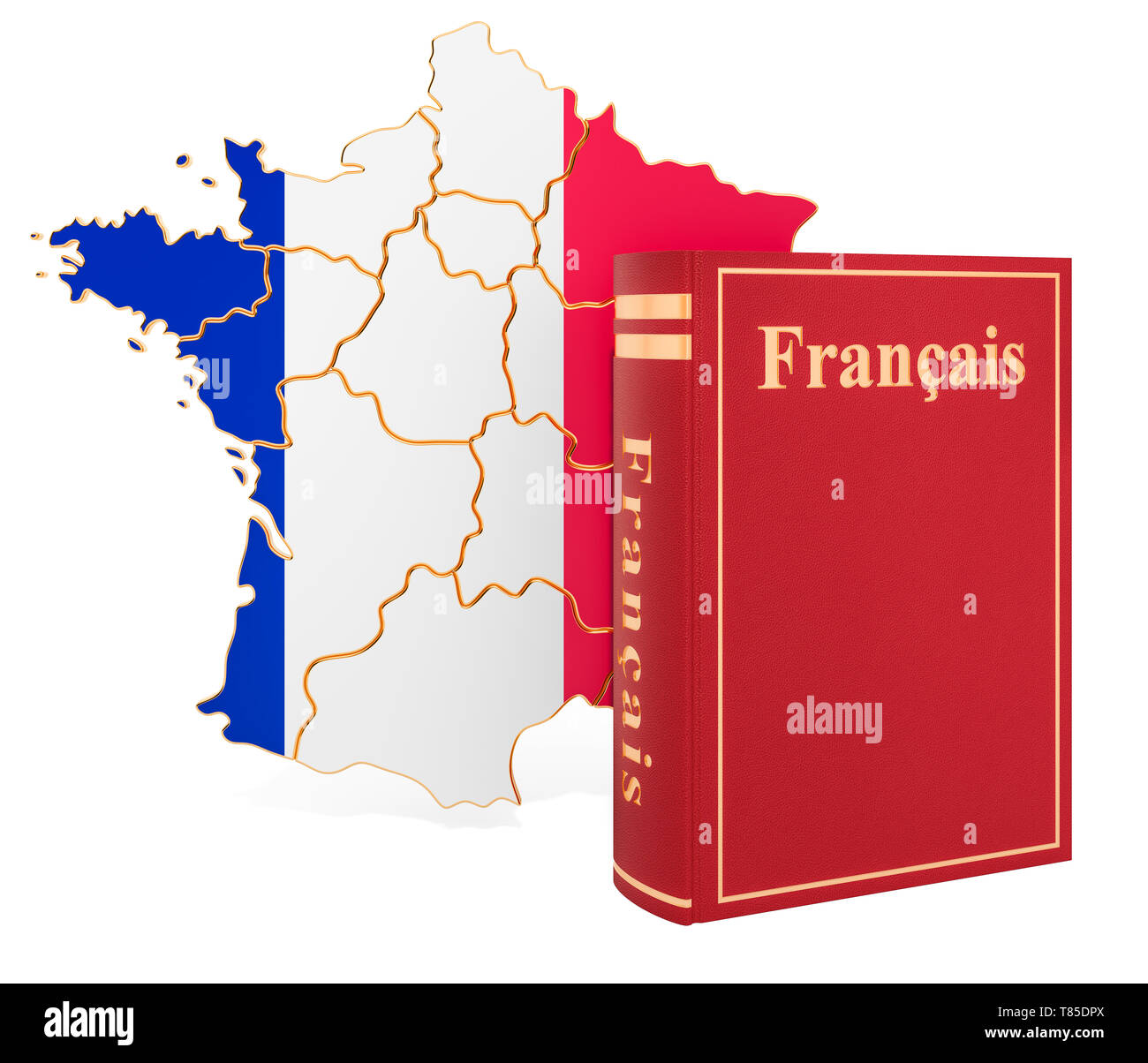 Livre en français avec carte de France, rendu 3D isolé sur fond blanc Banque D'Images