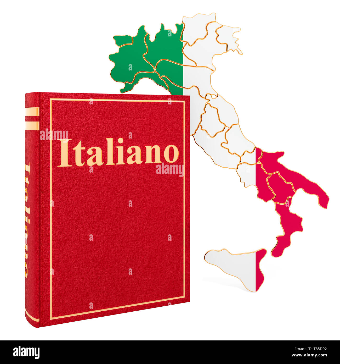 Livre de langue italienne avec la carte de l'Italie, rendu 3D isolé sur fond blanc Banque D'Images