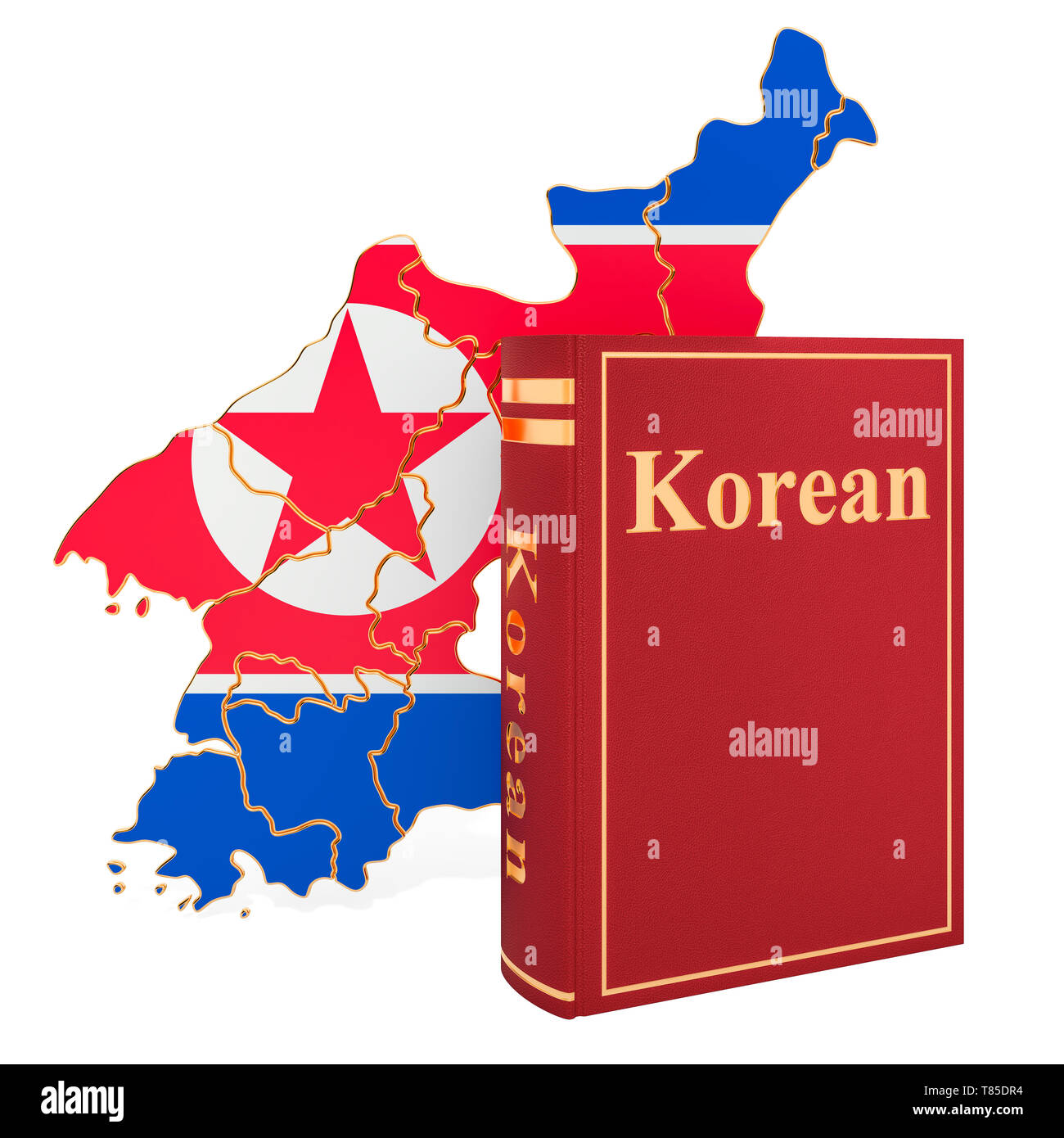 Langue coréen livre avec une carte de la Corée du Nord, rendu 3D isolé sur fond blanc Banque D'Images