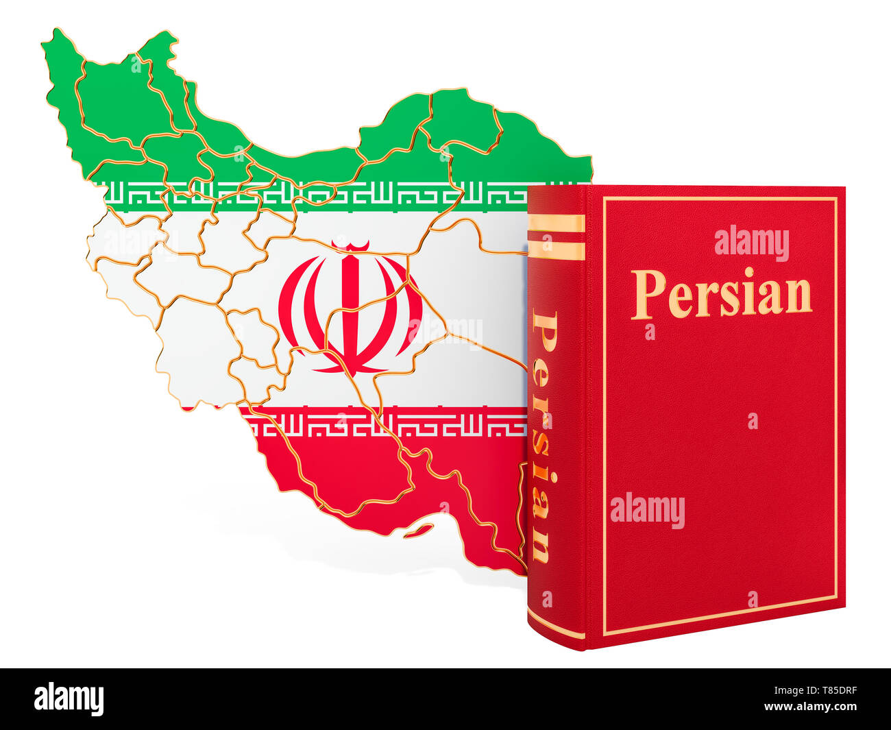 Langue persane livre avec la carte d'Iran, rendu 3D isolé sur fond blanc Banque D'Images