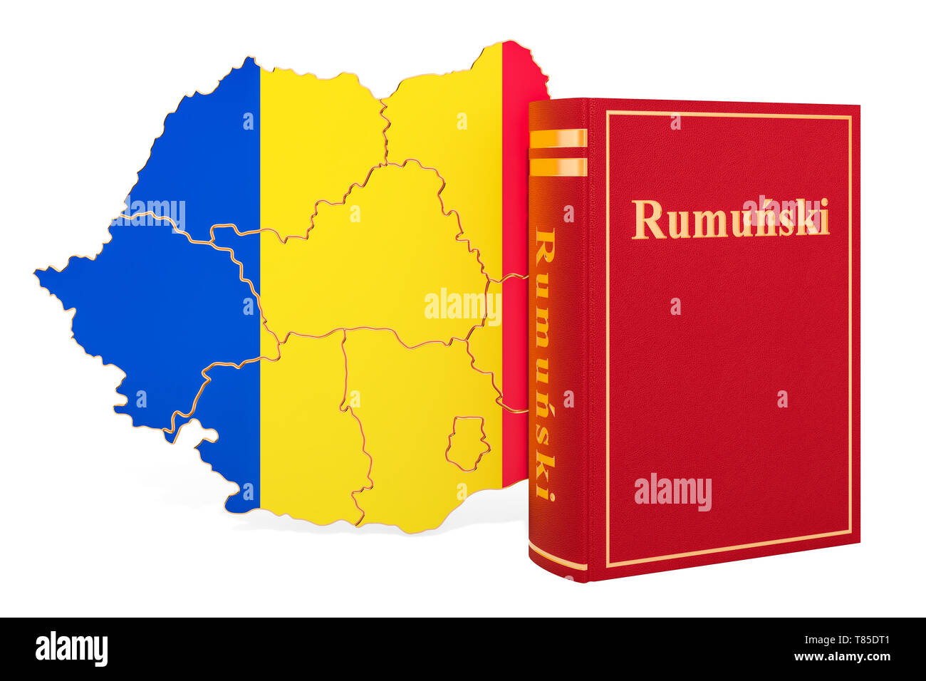 Livre en langue roumaine avec carte de la Roumanie, rendu 3D isolé sur fond blanc Banque D'Images