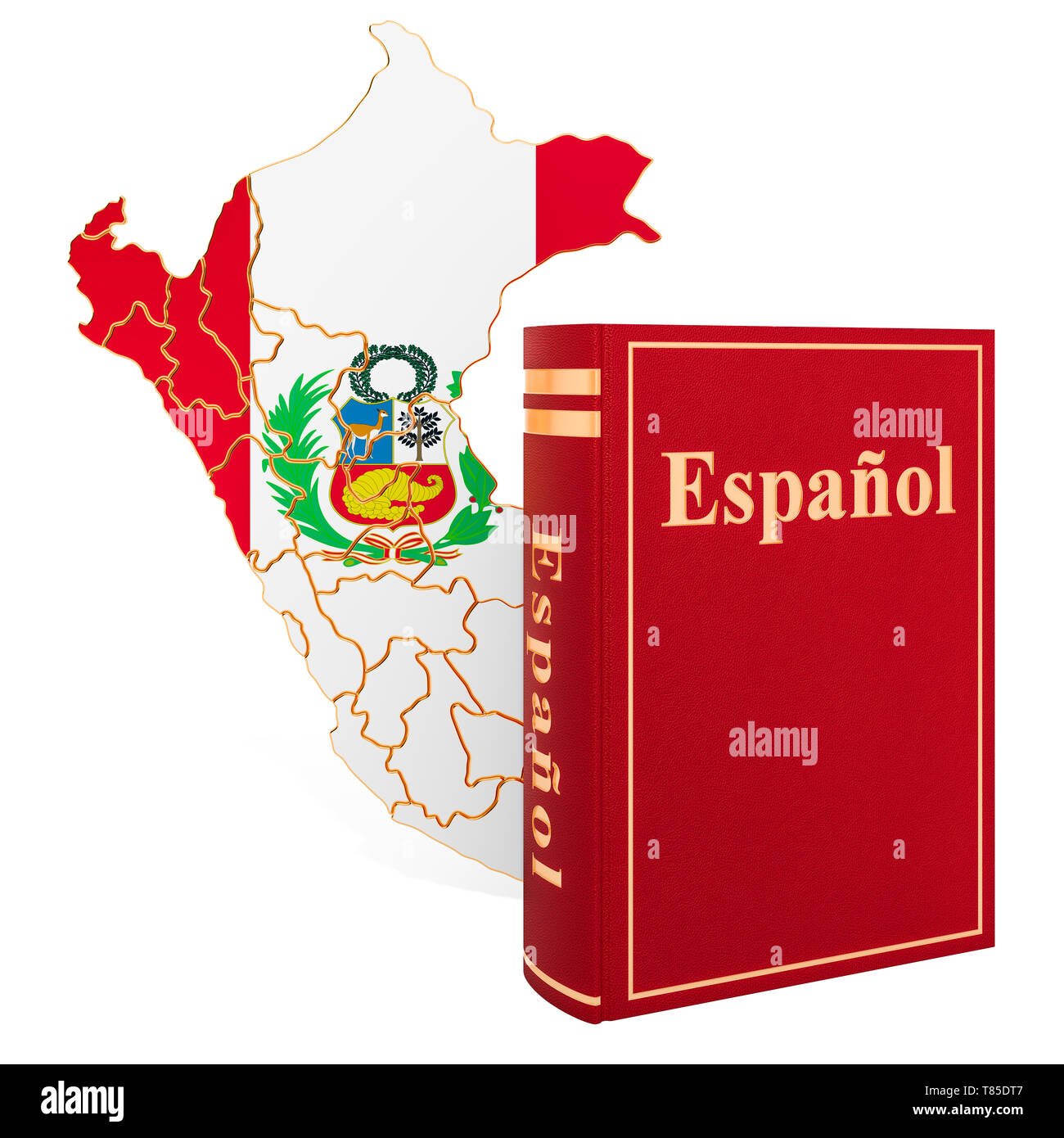 Livre d'espagnol avec carte du Pérou, 3D Rendering isolé sur fond blanc Banque D'Images