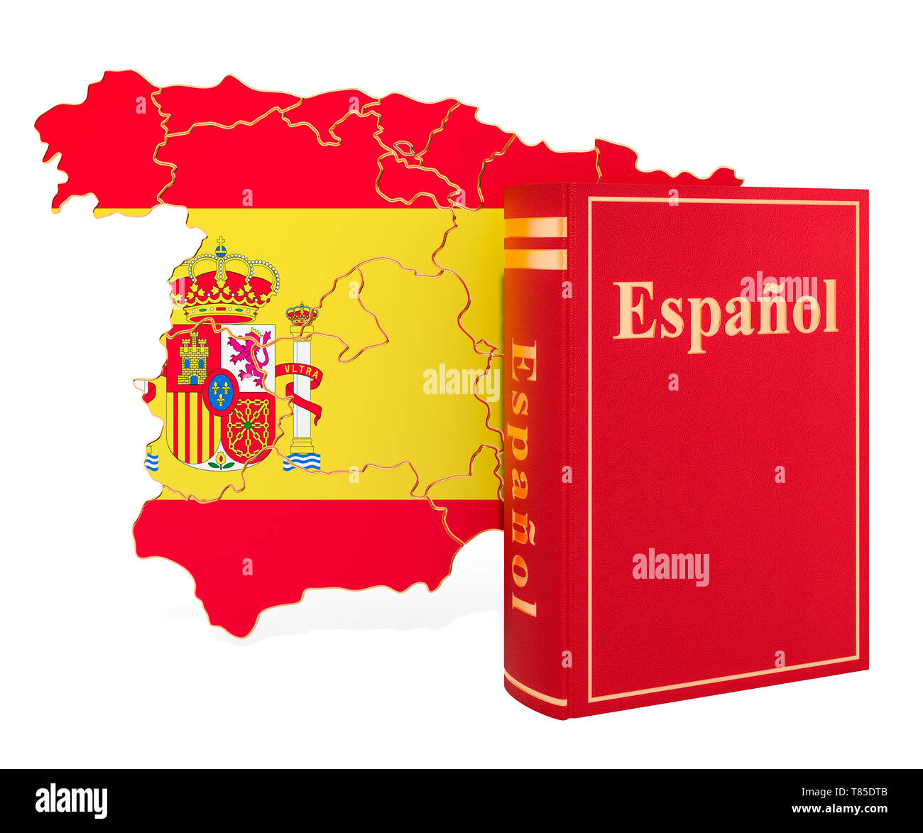 Livre d'espagnol avec carte de l'Espagne, 3D Rendering isolé sur fond blanc Banque D'Images