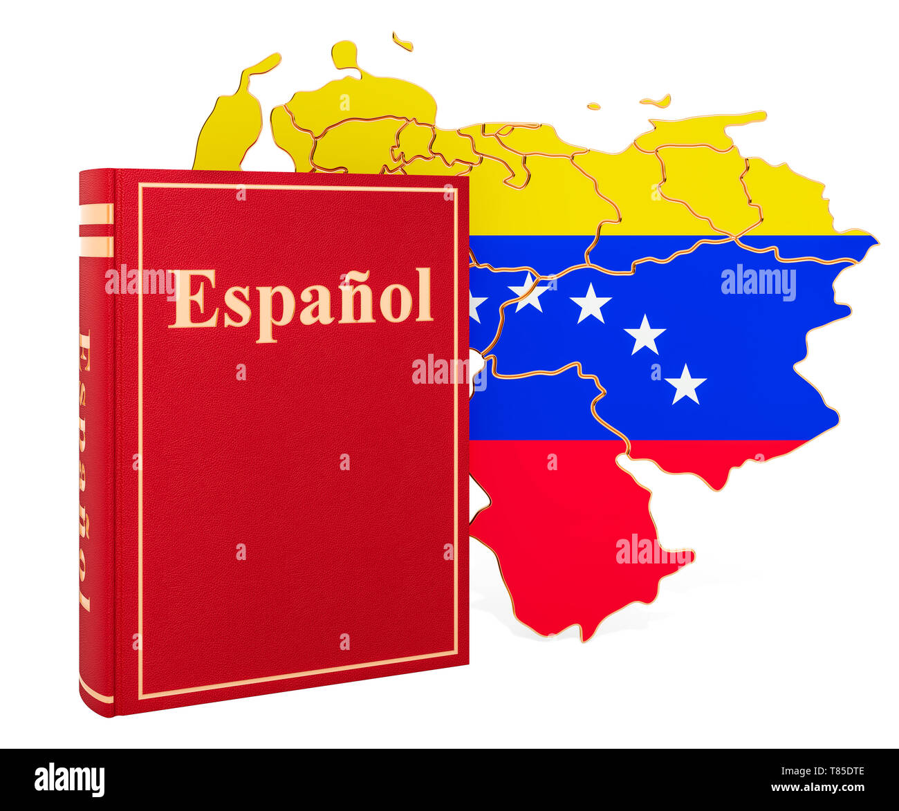 Langue Espagnol livre avec la carte du Venezuela, rendu 3D isolé sur fond blanc Banque D'Images