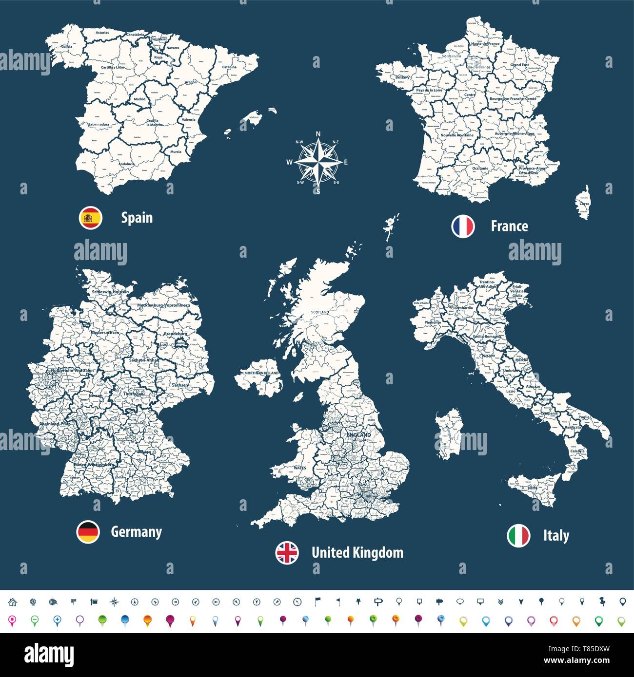 Cartes vectorielles très détaillés du Royaume-Uni, l'Italie, l'Allemagne, la France et l'Espagne Illustration de Vecteur