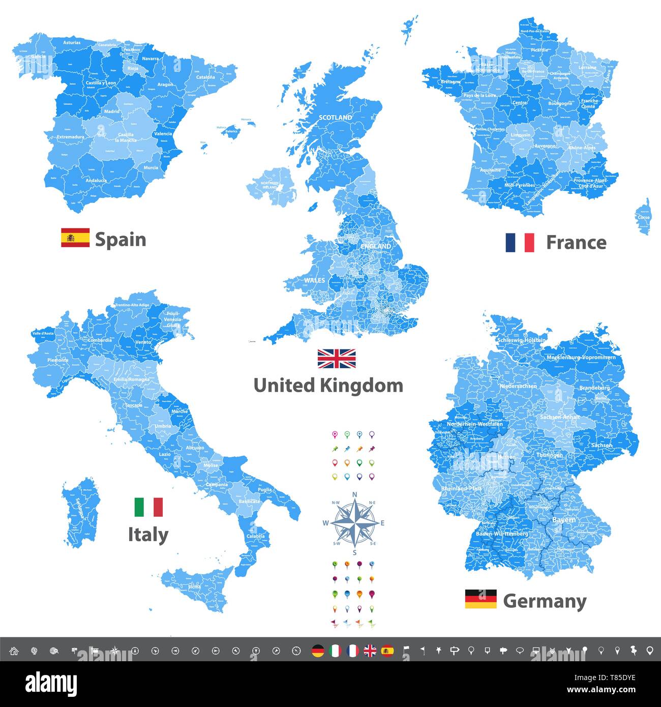 Cartes vectorielles très détaillés du Royaume-Uni, l'Italie, l'Allemagne, la France et l'Espagne Illustration de Vecteur