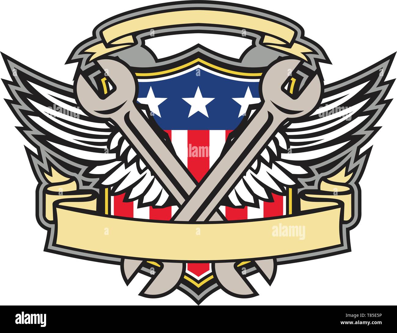 Icône mascotte illustration d'une clé dynamométrique croisés avec des ailes et de l'armée de l'armée de l'air American USA stars and stripes flag à l'intérieur du flasque sur fond isolé dans Illustration de Vecteur