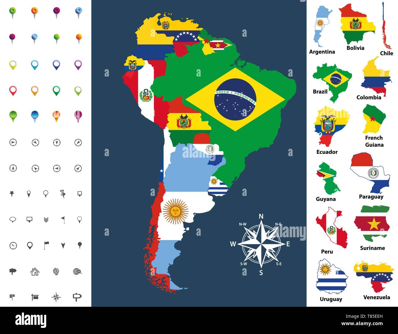La carte de l'Amérique du Sud mélangé avec les drapeaux des pays. Vector illustration Illustration de Vecteur