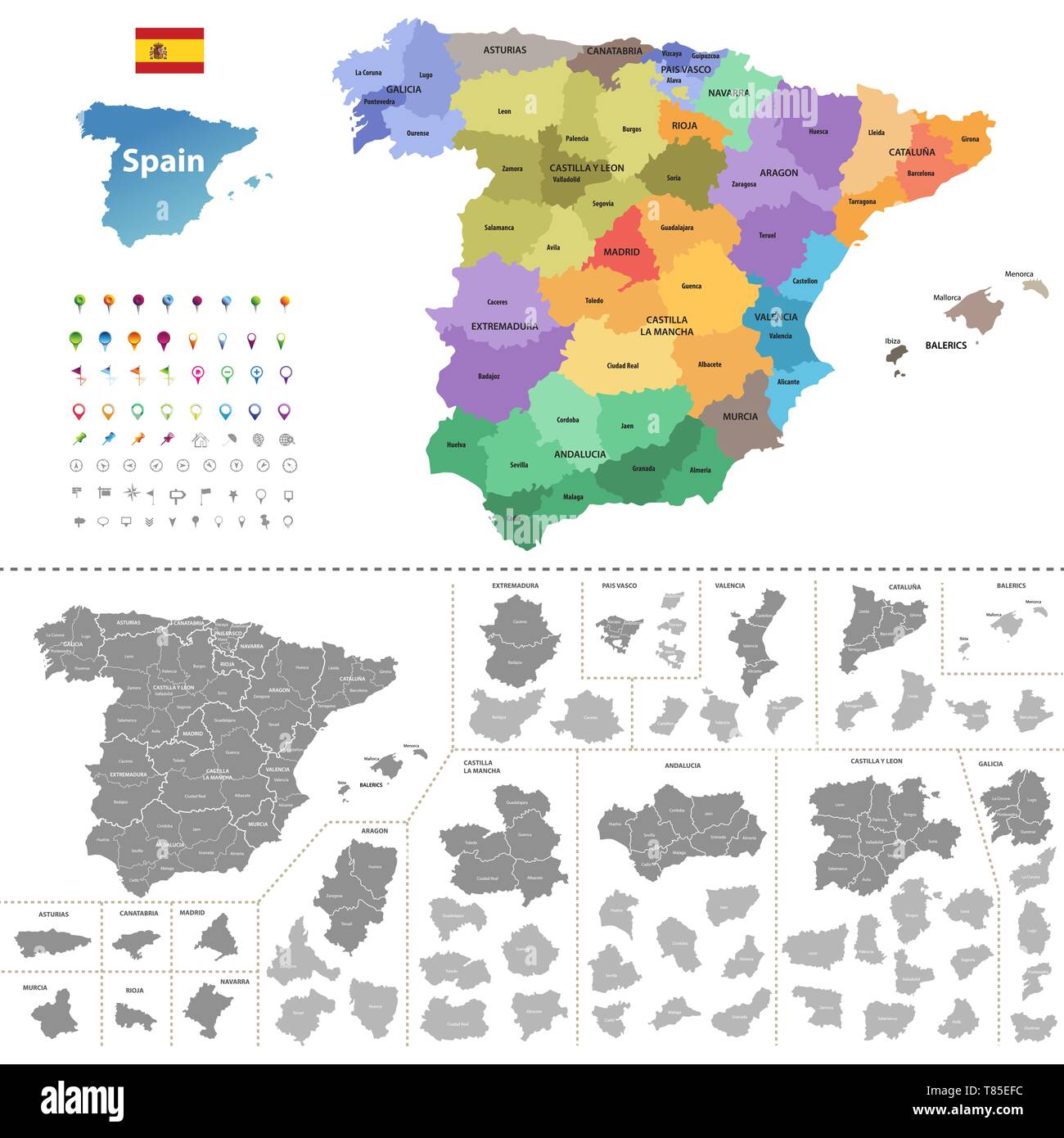 Espagne carte vectorielle très détaillés (en couleur par communautés autonomes) avec les divisions administratives Illustration de Vecteur