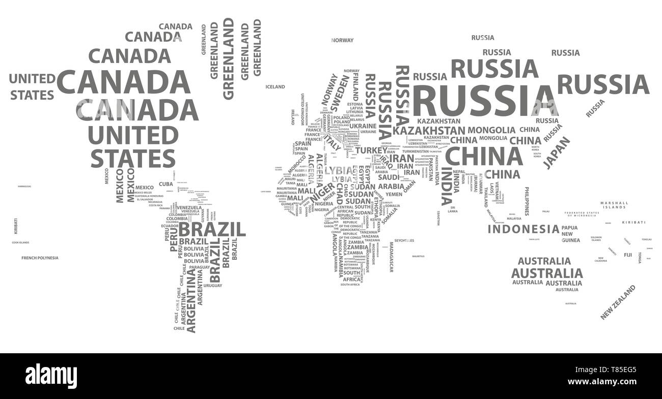 Carte du monde vecteur avec les noms de pays dans la typographie Illustration de Vecteur